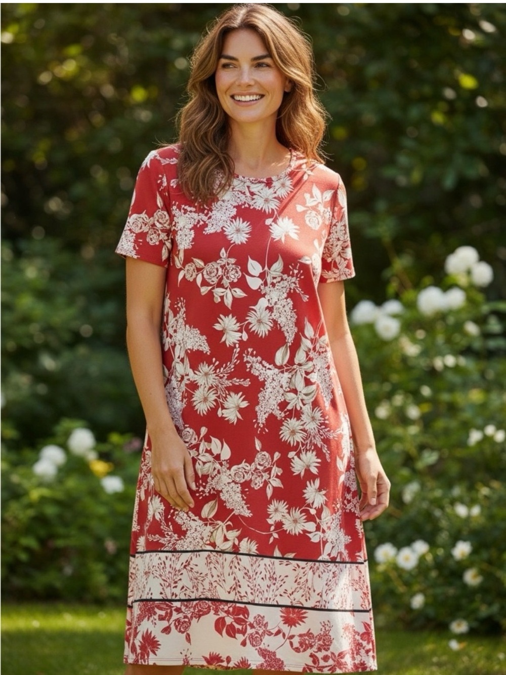 J.JILL WEAREVER COLLECTION RED AND CREAM SHORT SLEEVE MIDI DRESS 4X